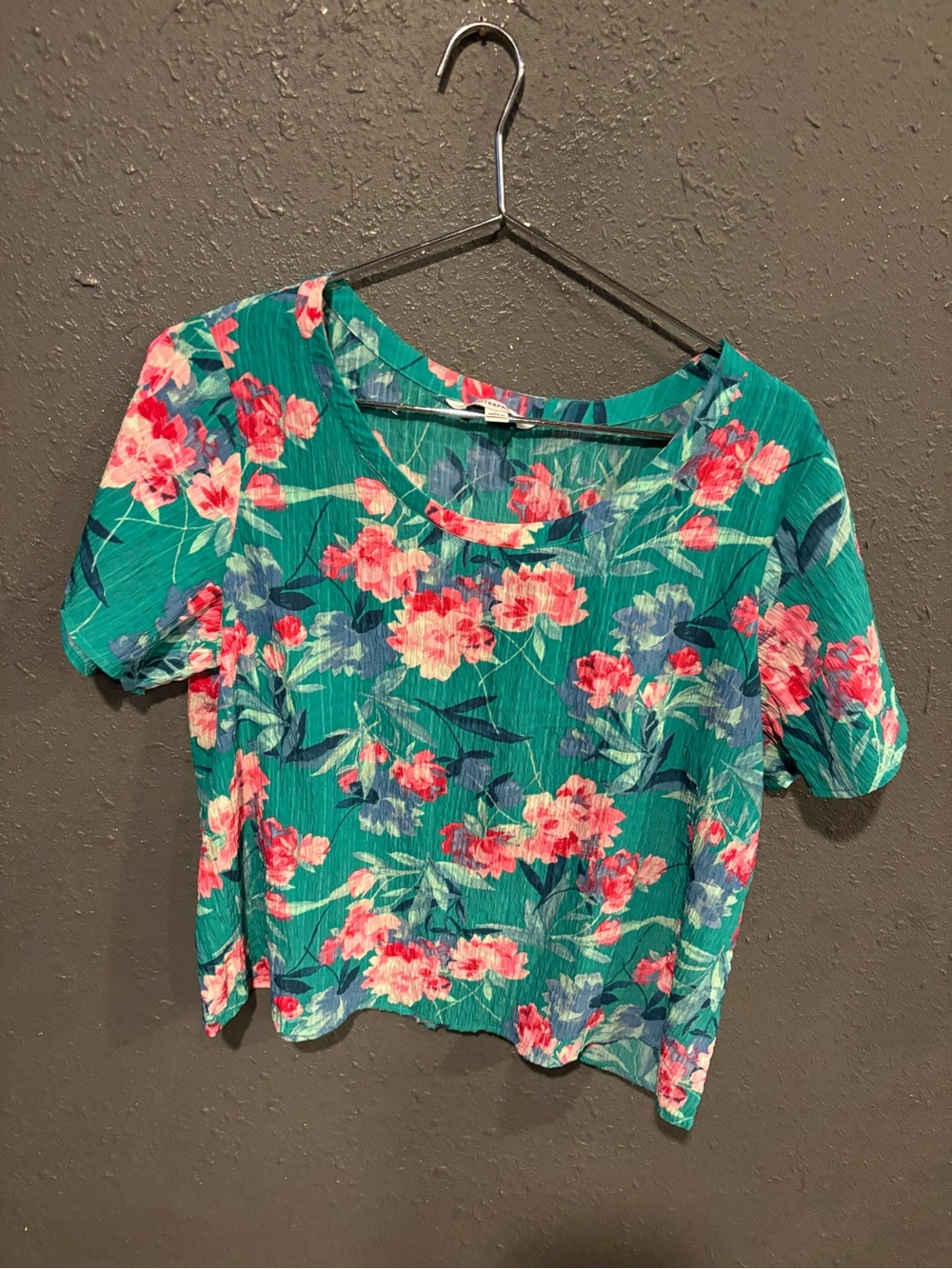 Counterparts Teal Floral Scoop Neck Short Sleeve Blouse